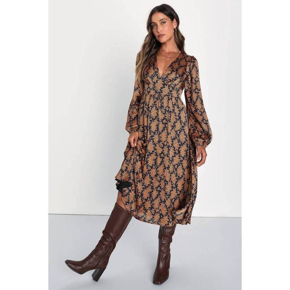 Lulus Graceful Impression Black And Orange Floral Print Midi Dress - Size XL